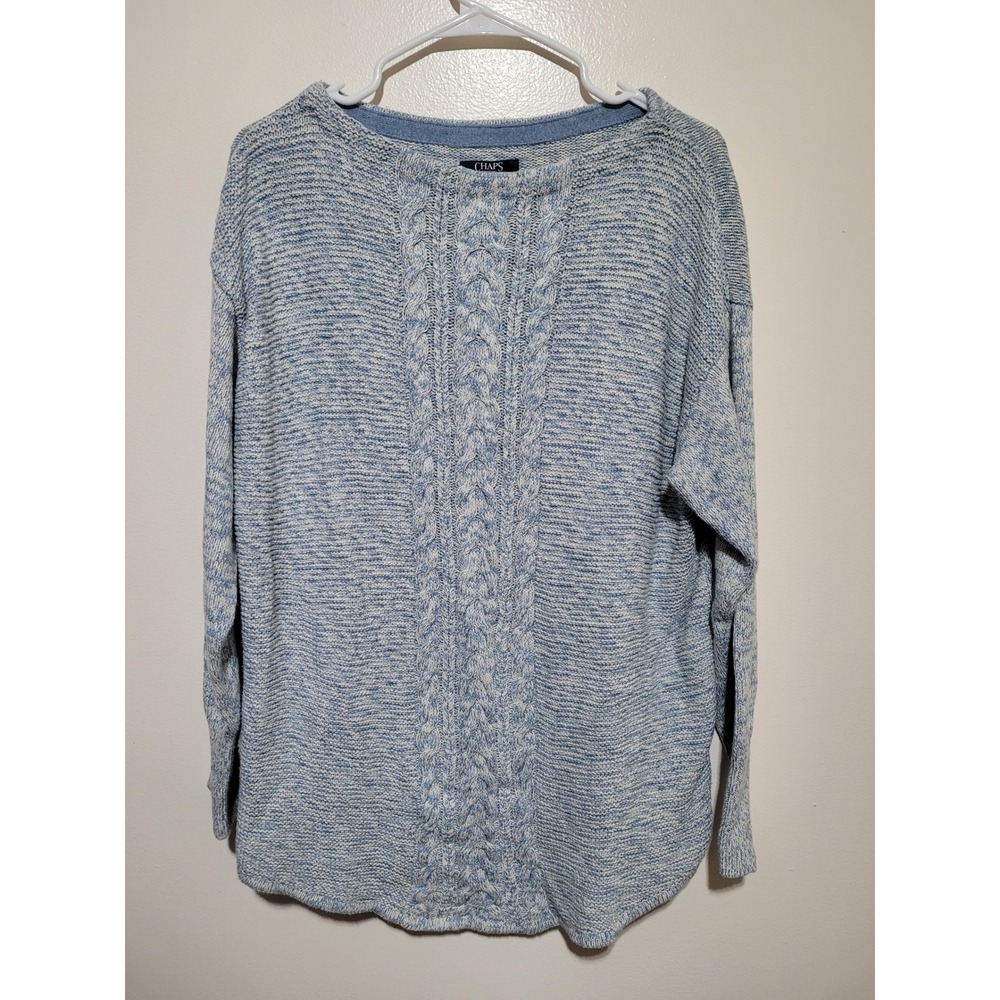Chaps Cable Knit Sweater Women‎ XL Blue White Marled Boat Neck Relaxed